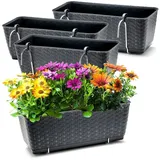 BigDean 4er Set Blumenkästen für Balkon-Geländer Rattan Optik Anthrazit Balkonkästen mit Metall Halterung und Bewässerungssystem