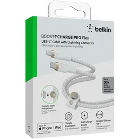 Belkin BoostCharge Pro Flex USB-C Kabel mit Lightning Connector 3 m, Weiß