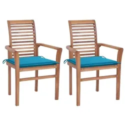 vidaXL Essstühle 2 Stk. mit Blauen Kissen Massivholz Teak