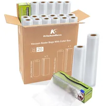 KitchenBoss Vakuumierbeutel 20 Rollen mit 2 Schneideboxen:Vakuumierfolie 20x300cm (10) + 28x300cm (10), Vakuumbeutel Lebensmittel für Alle Vakuumiergeräte und Sous Vide, Einschweißfolie Reißfest