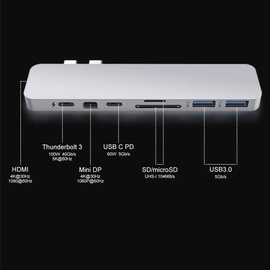 Hyper HyperDrive USB C Hub 8-in-2 Sanho Typ C MacBook Pro Hub mit HDMI-Mini-Diaplay-Anschluss Thunderbolt 3 USB-C 3.1 Stromversorgung SD/MicroSD-Kartenleser für MacBook Pro & Air 13 "15" Silber