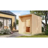Karibu Saunahaus Außensauna Gartensauna Laguna unbehandelt Ofen 9 kWexterne Strg easy 73mm gedämmte Elemente  220x288x244 cm