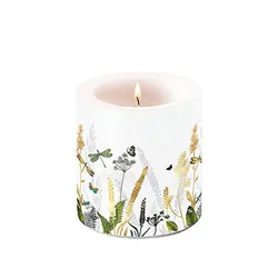 Stumpenkerze Paraffin 7,5x9cm mit Sommerwiese Motiv - Tischkerze Blockkerze Zylinderkerze Kerzendeko Frühling Sommer Garten Dekokerze floral Weiß Grün