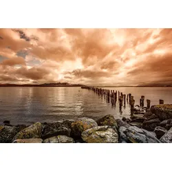 Fototapete PAPERMOON "HOLZ-BRÜCKE-ALT PUERTO NATALES INSEL PIER STEG MEER SEE", bunt, B:3,00m L:2,23m, Vlies, Tapeten