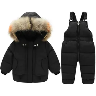 LCIGIA Jungen Skianzug Kinder Schneeanzug mit Pelzkragen Kapuze Mädchen Zweiteiliges Bekleidungssets Skijacke + Skihose Verdickte Winterjacke Daunenjacke Daunen Hose, Schwarz, 122-128 - 122-128