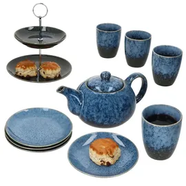 Mambocat 10tlg Teeset SCONES BLAU aus Steingut 1x Etagere, 1x Kanne, 4x Becher & 4x Teller - 24303276