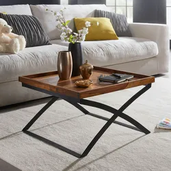 Kadima Design Quadratischer Couchtisch im Industrial-Stil, Sheesham & Eisen. 63x63x39 cm