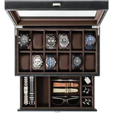 TAWBURY Uhrenbox 12 uhren – Uhren Box für Herren mit 12 Fächern | Uhrenbox Braun | Uhrenkasten für Herren | Schmuckkästchen Herren für Uhren | Watch Box for Men (Schwarz)