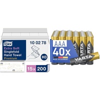 Tork extra weiche Zickzack Papierhandtücher Premium 100278 - H3 Falthandtücher für Zickzack Papierhandtuchspender - besonders saugfähig & VARTA Batterien AAA