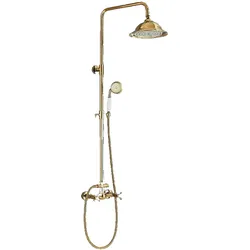 KLARWERK NALA | Vintage Regendusche Set Gold glänzend Edelstahl | Retro Design Duscharmatur Duschsystem | Mischbatterie Dusche komplett mit Handbrause