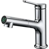 DETBOM Waschtischarmatur Ausziehbar mit LED-Wassertemperaturanzeige, Wasserhahn Bad mit 2 Strahlarten, Hydroelektrischer Intelligenter Wasserhahn mit Brause, Eeinhebelmischer Waschbecken Armatur Chrom