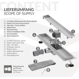 luxebath Duschrinne 2in1, befliesbar, extra flach, Silber, Doppelseitige Bodenablauf, Komplettset Bodenbefestigung, Duschablauf, Siphon Geruchsstop, Haarsieb,