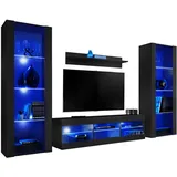 komodee Wohnzimmerset, Schwarz, Schwarz, Holzwerkstoff, 9 Fächer, Rechteckig, 250x159x35 cm, Wohnzimmer, Wohnwände, Wohnwand-Sets