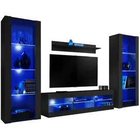 komodee Wohnzimmerset, Schwarz, Schwarz, Holzwerkstoff, 9 Fächer, Rechteckig, 250x159x35 cm, Wohnzimmer, Wohnwände, Wohnwand-Sets