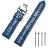 MUENShop Uhrenarmband mit faltschließe Leder Schnellverschluss Echtleder Armband für 18mm-24mm Schwarz Braun Blau Grün Kalbsleder Ersatz für Herren/Damen (24mm, Blau)