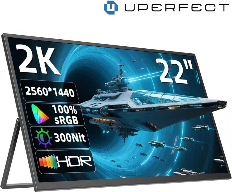 UPerfect 22 Zoll 2K tragbarer Monitor mit 2560 x 1440 QHD IPS, 180° verstellbarer Stand, USB‐C, Mini‐HDTV, Dual‐Lautsprecher, für Laptop, PC, PS4/5, Switch, Xbo, VESA‐kompatibel