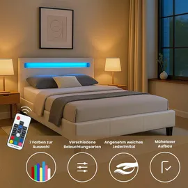 CARO-Möbel Polsterbett MIRASOL 120x200 cm, Weiß - Einzelbett mit LED Beleuchtung im Kopfteil, inkl. Fernbedienung, Jugendbett aus Kunstleder mit Lattenrost