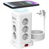 Steckdosenwürfel mit USB, 11 Fach Steckdosenleiste Steckerleiste mit Wireless Charger, Mehrfachsteckdose mit USB C, Steckdosenturm mit Induktive Ladestationmit, Überspannungsschutz für Zuhause, Büro