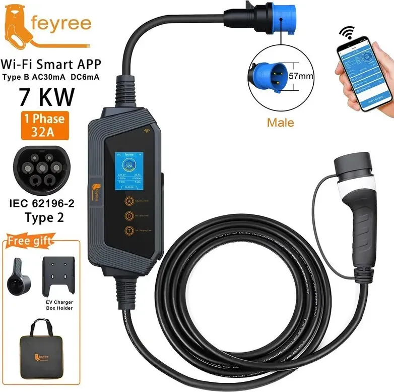 feyree EV-Ladegerät Type-2 32A 7kW, Schnellladen, intelligente App-Steuerung, tragbare Ladestation mit Halterung für Elektroauto-Ladegerät