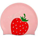 Schwimmkappe Kinder,Silikon Rosa Badekappe Mädchen Lange Haare,Rosa Kinder Badekappe Mädchen,Erdbeere Bademütze Mädchen,Wasserdicht Schwimmkappe Kinder Lange Haare, für 6–14 Jugendliche Kinder