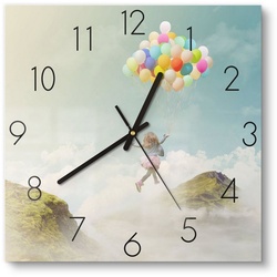 DEQORI Wanduhr ‚Mädchen an Luftballons‘ (Glas Glasuhr modern Wand Uhr Design Küchenuhr) grün 30 cm x 30 cm