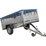 Pkw Transport Anhänger 230x125 Garden Trailer 230 KIPP mit Laubgitteraufsatz, blauer Flachplane und Stützrad