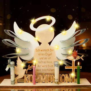 Kommunion Geschenke für Mädchen Junge, Holz Konfirmation Geschenk Kleine Geschenke zur Kommunion mit LED Lichterkette & 2 Karte, Geldgeschenke Kommunionsgeschenke Taufgeschenke für Mädchen Jungen