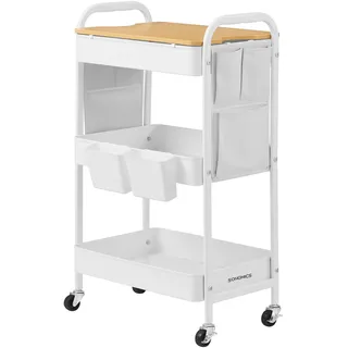 Songmics Rollwagen, Küchenwagen, 3 Metallgitterablagen, Servierwagen, 2 abnehmbare Hängebehälter, 2 Organizer, für Büro, Küche, Wohnzimmer, Badezimmer, wolkenweiß LRC036W01