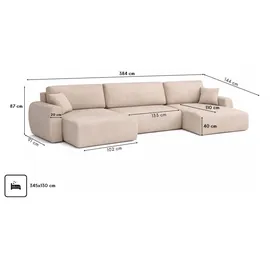 kaiser möbel Ecksofa mit Schlaffunktion und Bettkasten U-Form Ariel U XL, Veloursstoff Salvador, Beige - Beige