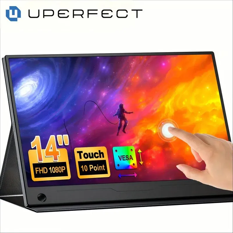 PERFECT Tragbarer Monitor 14 Zoll, 60 Hz, Touchscreen, 100% sRGB, mit VESA und Standfuss, 180° verstellbar, ultraflach & leicht, Reise- und Zweitmonitor für Laptop