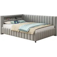 Polsterbett 140x200 Samt mit LED-Licht und USB-Anschluss – L-förmiges Schlafsofa in Grau für mehr Komfort und Funktion