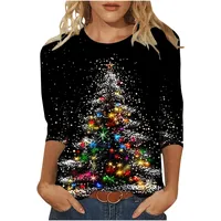 Weihnachtsbluse Damen 3D Glänzend Weihnachtsbaum Druck Oberteile Weihnachten 3/4 Arm Tshirts Locker Rundhals Weihnachtsshirt Große Größen Xmas T Shirt Basic Xmas Langarmshirt Bluse - XXL