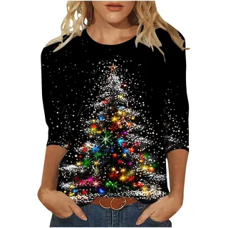 Weihnachtsbluse Damen 3D Glänzend Weihnachtsbaum Druck Oberteile Weihnachten 3/4 Arm Tshirts Locker Rundhals Weihnachtsshirt Große Größen Xmas T Shirt Basic Xmas Langarmshirt Bluse - XXL
