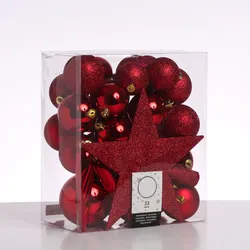 Christbaumkugeln - Weihnachtsbaumkugeln mit Stern Baumspitze - bruchfest - rot - 33er Set