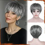 Sofeiyan Kurze Pixie-Cut-Perücke,Hitzebeständige und Natürlich Damen Perücken mit Pony,23 cm Grau Mehrschichtige Kunsthaarperücke,Geeignet für den Alltag und Partys