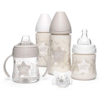 SUAVINEX Suavinex-Set für Neugeborene, 2x Babyflasche 270 ml + Babyflasche 150 ml + Babyflasche 150 ml mit Griffen + physiologischer Babyschnuller -2-4 Monate mit Silikon-Sauger, Farbe weiß