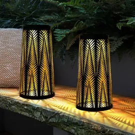 ETC Shop Solarlampe Tisch aussen Solarlicht Tisch für Außen Solar Laterne Balkon schwarz, Säule mit Lichteffekt, goldenes Innere,1x LED warmweiß, H 24,5 cm