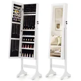 COSTWAY Schmuckschrank mit Spiegel abschließbar Spiegelschrank 40x36x156cm weiß