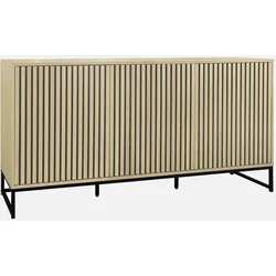 Sideboard im modernen Stil mit 3 Türen in geriffelter Holzoptik, Druckknopföffnung, schwarzes Metallgestell B160 cm - Lisbonne