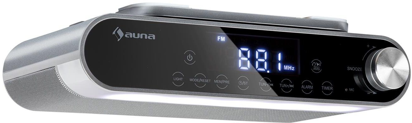auna KR-130 - Bluetooth Küchenradio, Unterbauradio, UKW-Radio, Freisprechfunktion, wasserabweisendes Touch-Display, LED-Beleuchtung, Senderspeicher, Eier-Uhr, Dual-Alarm, ca. 10 Watt, silber