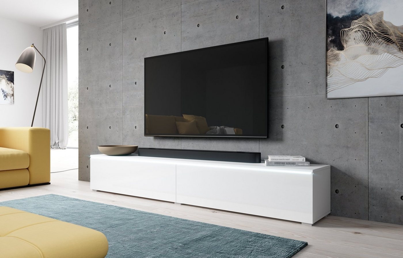 Furnix TV-Bank BARGO TV-Kommode Lowboard Schrank ohne LED freistehend, 4 Fächer, B200 x H34 x T32 cm, (2 x 100 cm) weiß