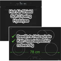 Daewoo Backofen-Set Schwarz Hydrolyse Glaskeramikkochfeld 78 cm