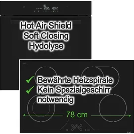 Daewoo Backofen-Set Schwarz Hydrolyse Glaskeramikkochfeld 78 cm