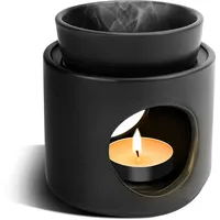 Duftlampe für Ätherische Öle & Duftwachs | Keramik Räucherstövchen mit Teelichthalter | Aromalampe als Raumduft Diffuser | Abnehmbare Schale Matt Schwarz (H 11cm × Ø 10cm)