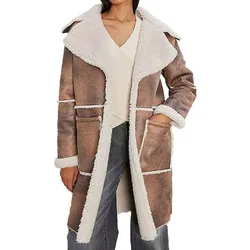 Damen Lederimitat-Mantel mit Teddyfell Kragen Kunstlammfell-Jacke Herbst-Parka 922024 Braun - 46