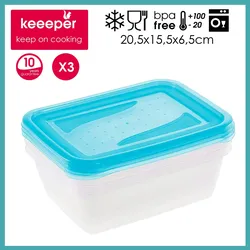Keeeper - Set aus 3 Lunchboxen, 3x1,25L, 20,5x15,5x6,5 cm, Fredo Fresh, Transparent Blau