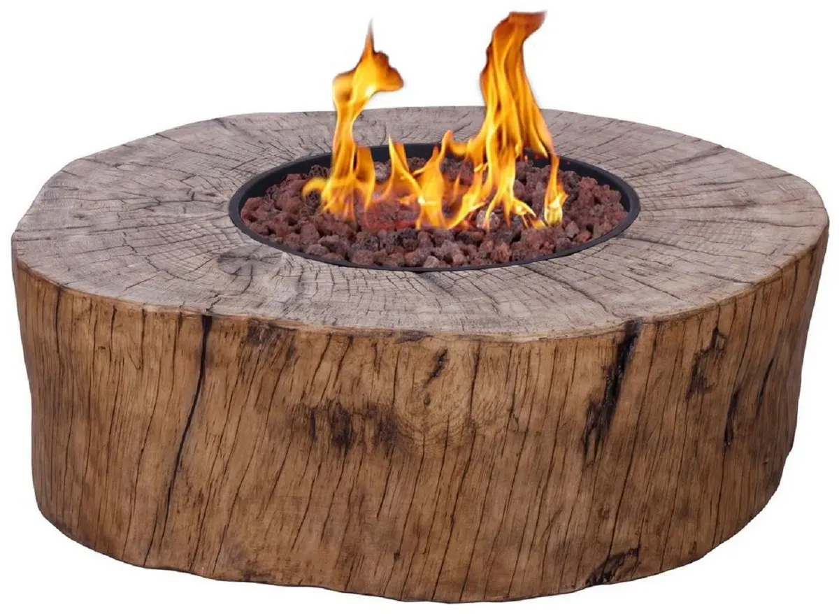 Casa Padrino Luxus Kunstharz Gaskamin Braun Ø 91,4 x H. 59,7 cm - Runder freistehender Outdoor Kamin in Holzoptik - Garten Kamin - Terrassen Kamin - Balkon Kamin - Luxus Gaskamine - Luxus Möbel