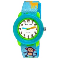 Pure Time Quarzuhr Tiere Kinder Textil Armbanduhr, Kinderuhr in hell blau, grün & weiß