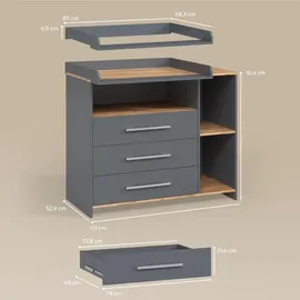 livinity® Wickelkommode Torino Anthrazit/Goldkraft Eiche mit 3 Schubladen,