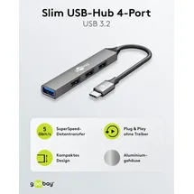 goobay Slim 4-Port USB-Hub, USB-CTM auf USB-A, USB 3.2 - USB-CTM-Stecker (USB 3.2) > 1x USB-A-Buchse (USB 3.2), 3x USB-A-Buchse (USB 2.0)